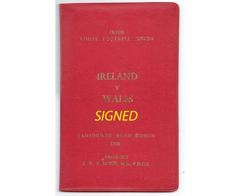 1970 Ireland vs Wales VIP signed rugby programme - played at Lansdowne Road Dublin and signed by entire Welsh team to their p