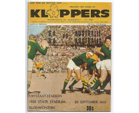 1969 South Africa v Australia rugby programme -final test played at Free State Stadium Bloemfontein - very light pocket fold 