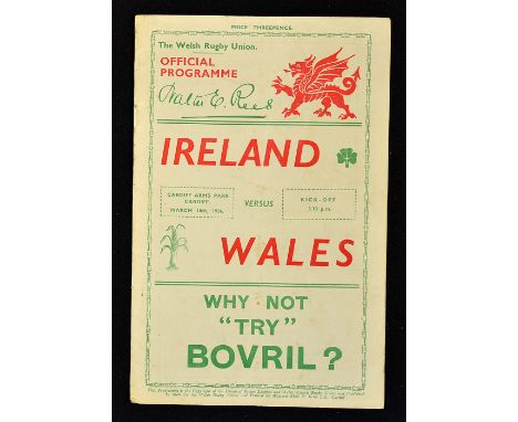 1936 Wales (Champions) v Ireland (Runners-up) rugby programme - played at Cardiff Arms Park on 14 March , very light pocket f