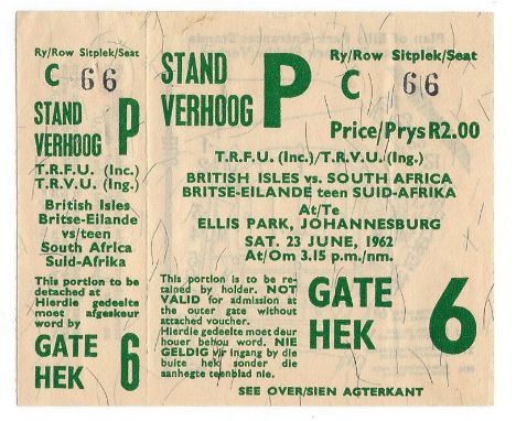 1962 British Lions v South Africa rugby match ticket - from the 1st test match played at Ellis Park Johannesburg on Saturday 