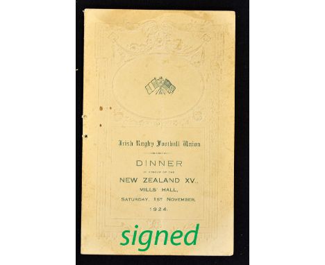 Rare 1924 Ireland v New Zealand Invincibles rugby signed dinner menu - held after the match at Mills Hall on Saturday 1st Nov