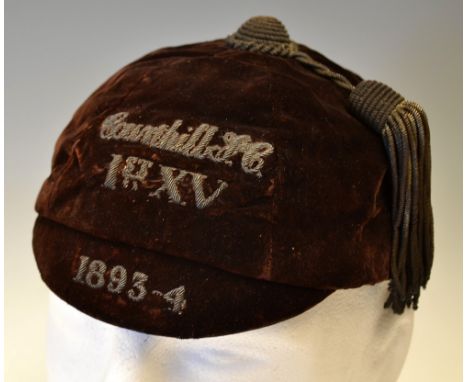 Early 1893/94 Courthill F.C 1st XV rugby cap - dark burgundy 6 panel velvet cap with gold braid tassel, date and club details