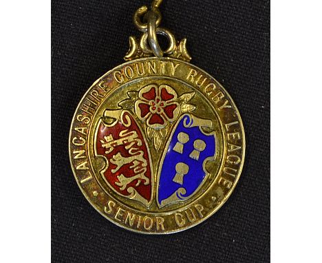 1957  Lancashire County Rugby League Senior Cup winners medal - silver gilt and enamel medal engraved on the reverse "Winners