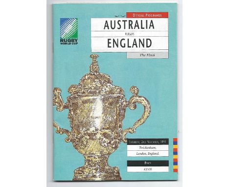 1991 Australia v England  Rugby World Cup final programme and match ticket - played at Twickenham with match ticket stapled t