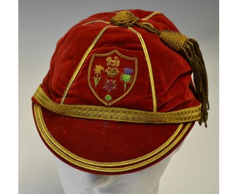 British Isles Rugby League Players Cap - presented to Derek "Rocky" Turner -  comprising red velvet 6 panel cap with gold bra