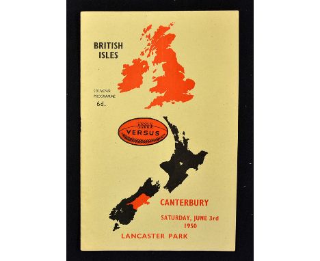 1950 British Lions v Canterbury rugby programme - played on 3rd June with the Lions winning 16-5 -  very light pocket fold he