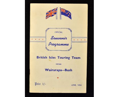 1950 British Lions v Wairarapa - Bush rugby programme - played on 14 June with the Lions winning 27-13, very light pocket fol