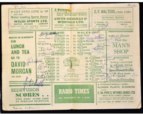 Scarce 1949 Wales v Ireland (Triple Crown & Champions) rugby signed programme - played at St Helens Swansea on Saturday 12th 