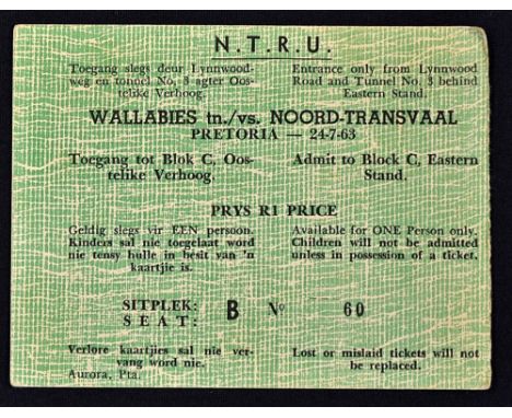 Rare 1963 Northern Transvaal (South Africa) v Australia Wallabies rugby match ticket - played in Pretoria on 24 July very sli