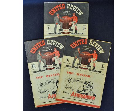 1947/1948 Manchester United home football programmes v Burnley, Middlesbrough, Aston Villa. (3) Condition varies.