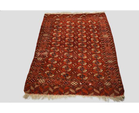 Tekke Turkmen 4 x 11 gul carpet, Turkmenistan, circa 1920s-30s, 9ft. 6in. x 6ft. 7in. 2.90m. x 2.01m. Overall wear, heavier i