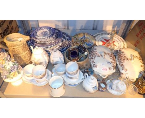 Shelf of assorted ceramics including blue and white, Oriental etc