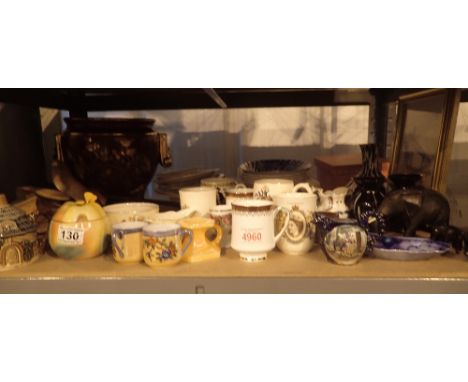 Shelf of mixed items including ceramics, glass, wood, commemorative etc
