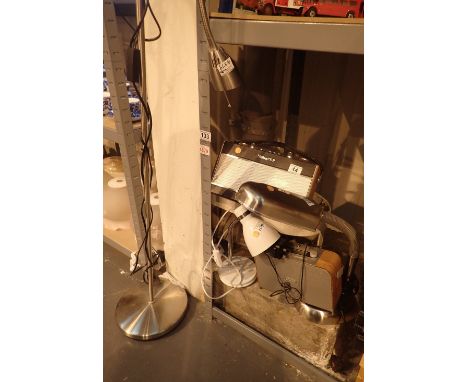 Two desk lamps, one polished aluminium with oblong lamp head and one small, a chrome uplighter with spot light and a Roberts 
