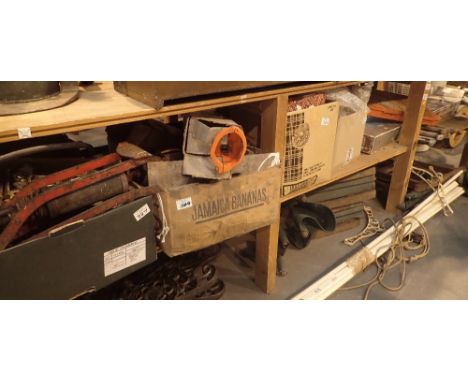 Selection of tools and fittings including Black and Decker power weeder, hammers, saw, locks, hinges and a Black and Decker h