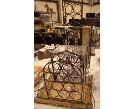 Wrought iron table with tile top, three wine racks, CD rack and two trays