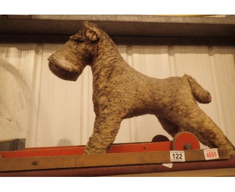 Vintage plush toy dog on wheels, A/F and a vinatge childs wooden hobby horse 