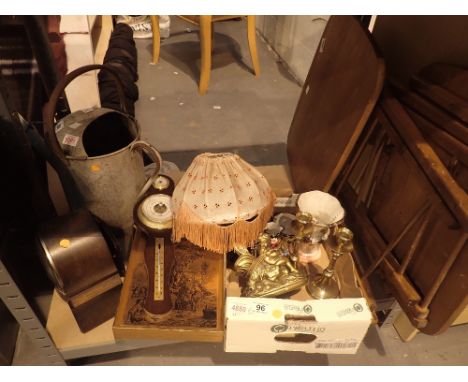 Collection of mixed items including table lamp, Smiths oak cased mantle clock, two folding wooden side/picnic tables etc