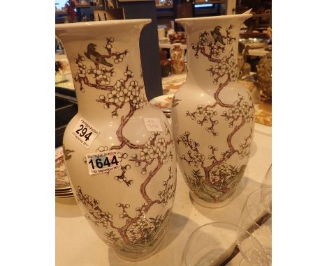 Pair of Chinese lipped vases, drilled for lamp bases, H: 37 cm
