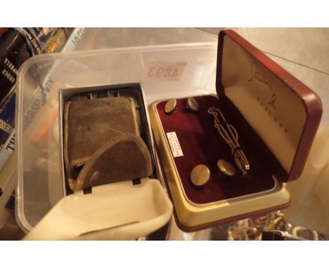 Stratton gold filled cufflinks and tie pin boxed set, Ronson lighter, cleaning brush etc 