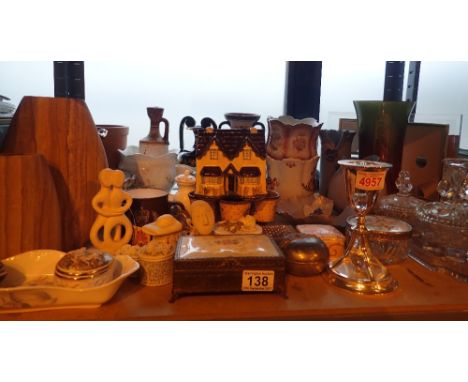 Shelf of mixed items including glassware, ceramics, stoneware 