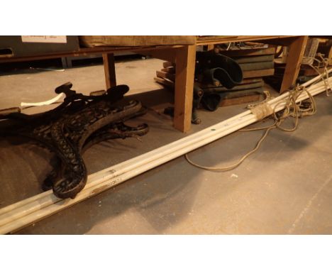 Three folding canvas/wood chairs, pair of cast iron bench ends and a ceiling mounted clothes airer