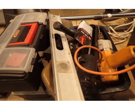 Selection of tools including electric drill, saw, fixings and fittings etc