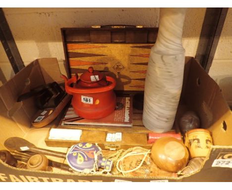 Collection of mixed items including tall stoneware vase, vintage iron and wood desktop, backgammon game, clock etc