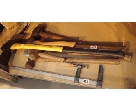 Collection of tools including sledgehammer, matrock, axes etc 