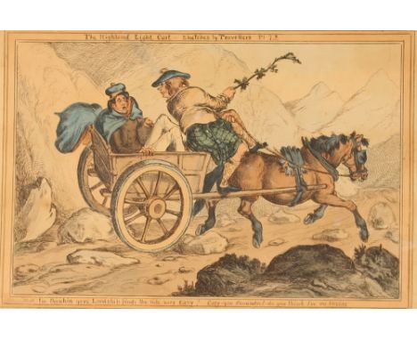A 19th Century humorous coloured print, by William Heath, "The Highland Light Cart", image 25cm x 37.5cm