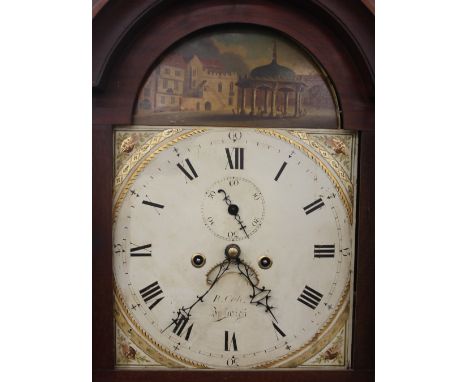 R. Cole of Ipswich, a mahogany and inlaid long case clock, having painted dial with Cornhill vignette, 8 day movement, surmou