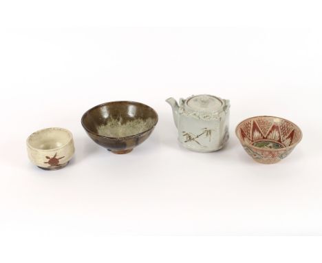 Four various Antique oriental pottery bowls; and an unusual square section teapot with raised floral decoration