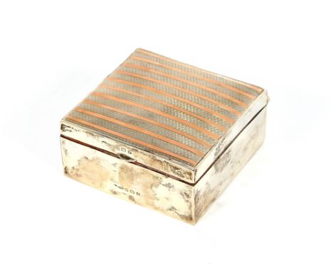 A silver square shape cigarette box, W.H. Leather &amp; Son, Birmingham 1924, yellow metal banded and engine turned decoratio