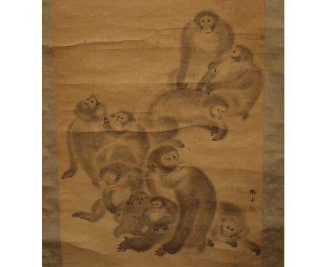 A large Chinese 19th Century hand painted hanging scroll, depicting a family of monkey's in various positions; and a flying i