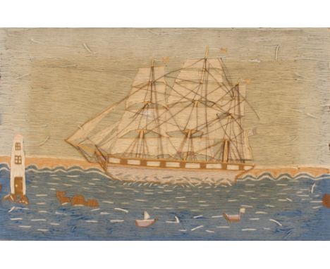 A Victorian wool work embroidery, of a ship with light house and rocks nearby, contained in a maple frame, 34cm x 52cm 
