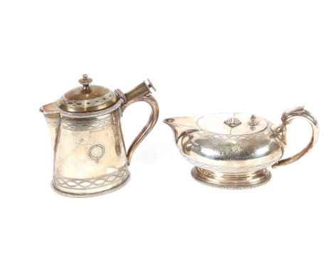 A Victorian electro plated lamp shape teapot, Elkington &amp; Co., 1881, engraved and beaded decoration, 10cm; and an Elkingt