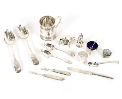 A silver three piece cruet, by Mappin &amp; Webb, Birmingham 1954; two Victorian silver Fiddle pattern tablespoons; various s