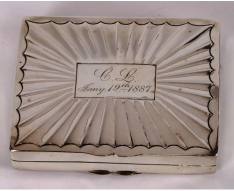 A 19th Century silver table snuff box, with gilded interior, the lid dated with monogram January 19th 1887, 8.5cm long