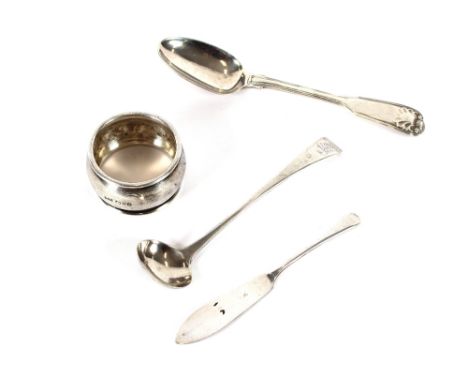 A George II silver small sauce ladle, bearing crest of lion and sceptre ; a George IV silver teaspoon Fiddle and Shell patter