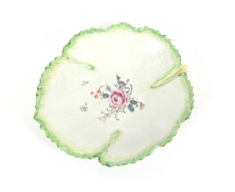 A First Period Worcester porcelain Mulberry leaf shaped dish, the finely vein moulded ground painted in the famille rose pall