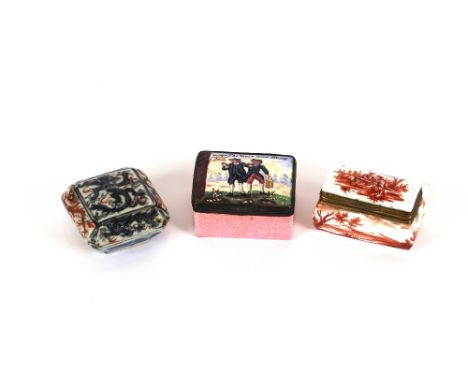 An 18th Century enamel patchbox, the lid decorated with a figure entitled "The Vicar and Moses"; a continental porcelain patc