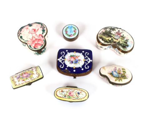 A collection of six various porcelain and enamel decorated patchboxes, and an enamel purse, AF