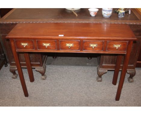 A mahogany side table, fitted five spice drawers, raised on square chamfered supports, 108cm wide