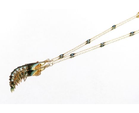 An enamel and yellow metal articulated shrimp pendant