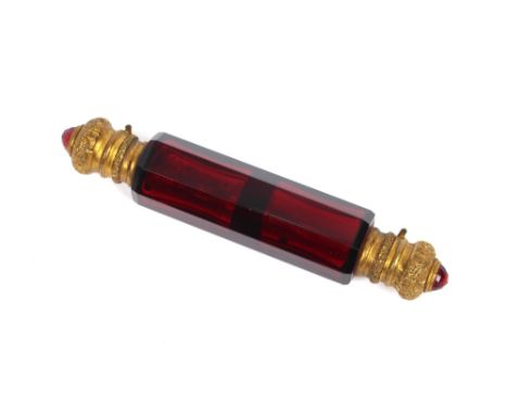 A Victorian ruby glass and gilded double ended scent bottle