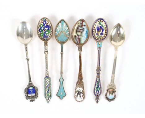 Six silver and enamel souvenir spoons