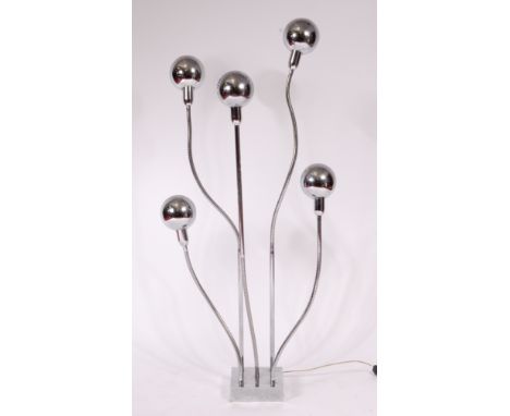 An Italian 1970s chrome five light floor lamp, having integral domed shades, each with adjustable action and raised on square