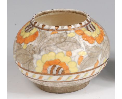 A 1930s Charlotte Rhead for Crown Ducal pottery bulbous form squat vase, with stylised floral tube-lined decoration, painted 