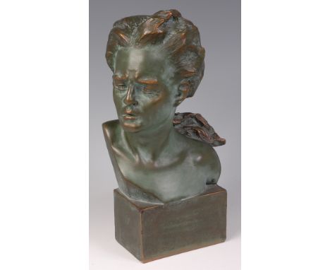 R. Gori - An Art Deco verdigris patinated terracotta male bust, raised on integral rectangular section base, incised R. Gori 