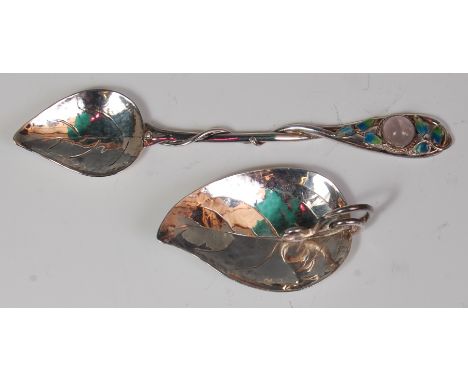 An Art Nouveau silver, rock crystal and enamel teaspoon, by Charles Horner, of floral interlaced form, Birmingham 1928, lengt